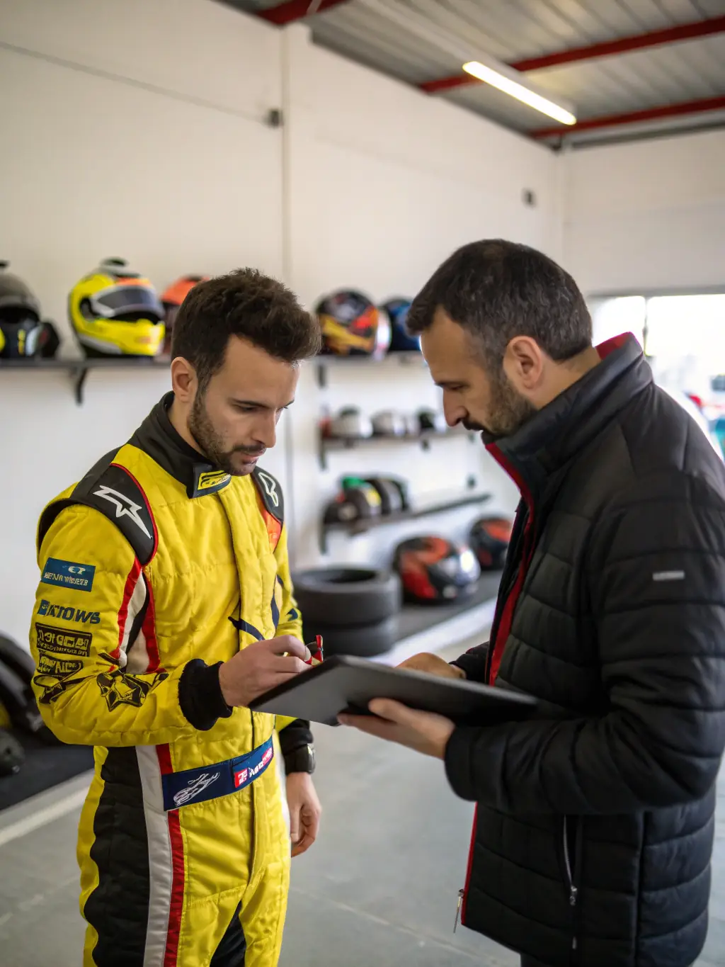 An image of a young driver receiving instruction from an experienced motorsport professional, highlighting mentorship and guidance.