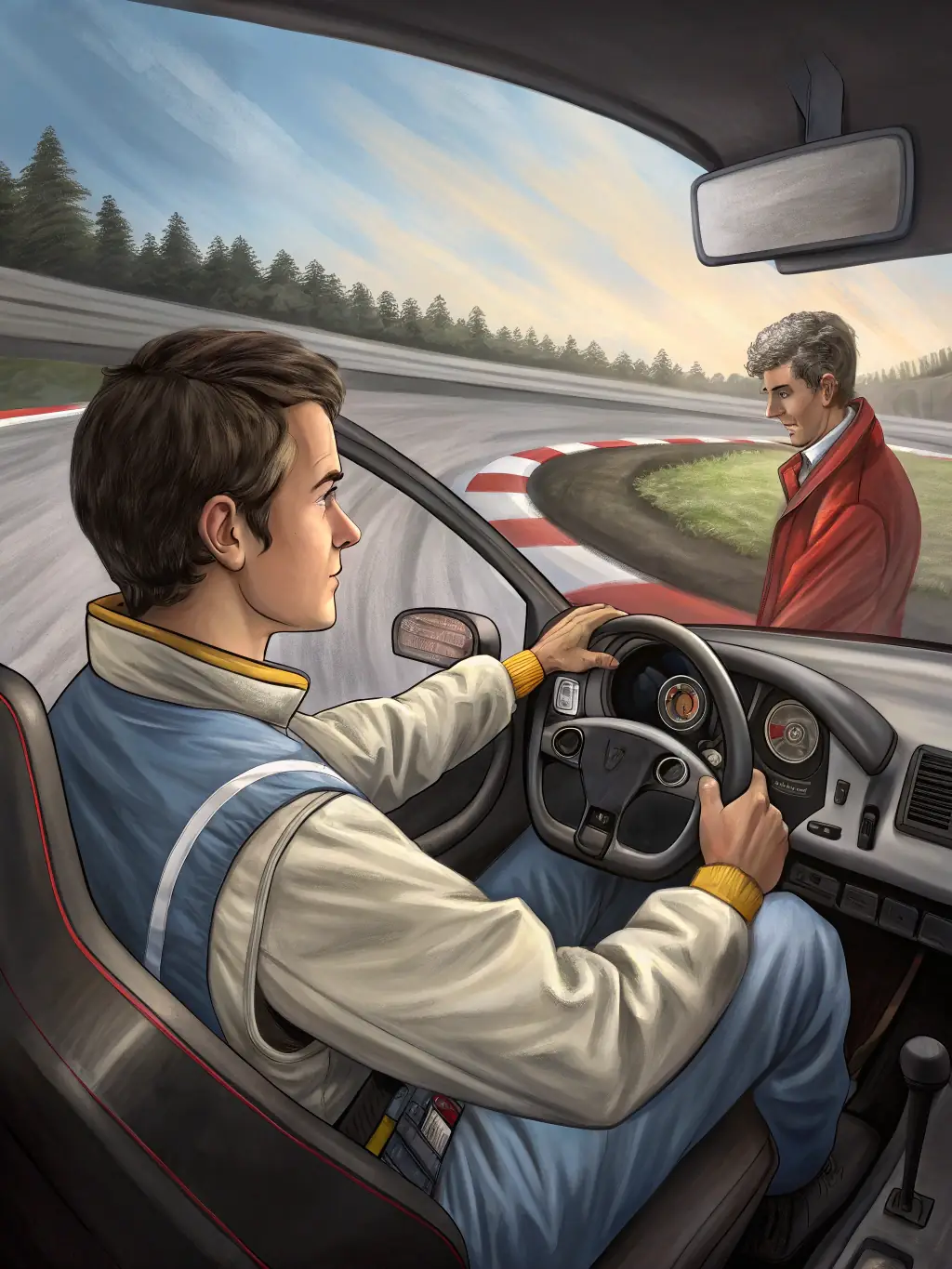A dynamic image of young drivers participating in a training session on a race track, showcasing the intensity and focus of the program.