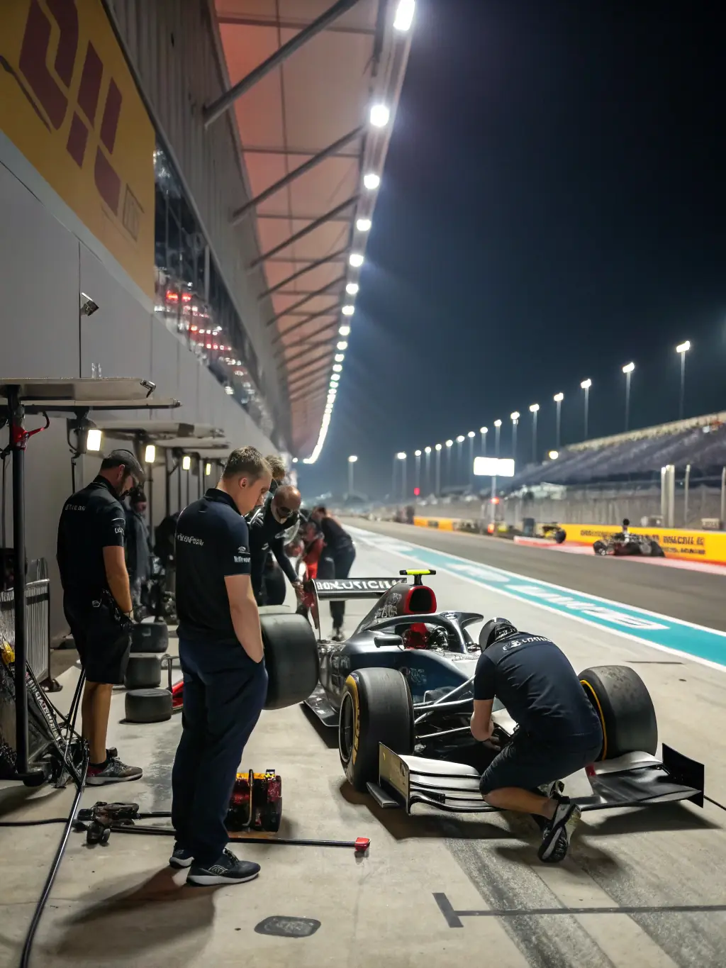 A photo of a group of young drivers working together on a race car in the pit, emphasizing teamwork and collaboration.